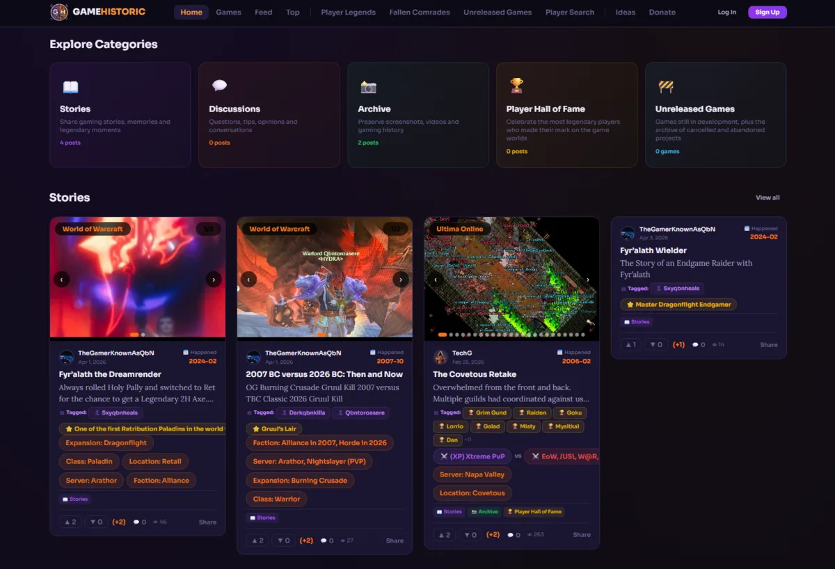Game Historic web — explore categories and stories