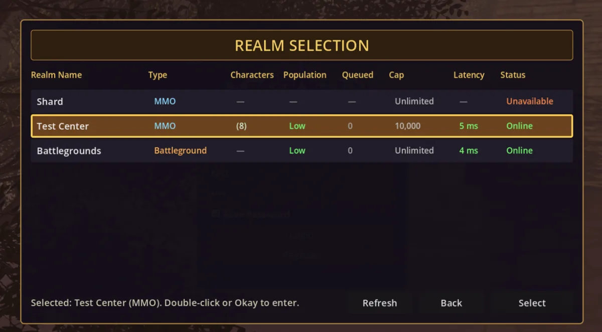 Shard launcher — realm selection with MMO and Battleground realms